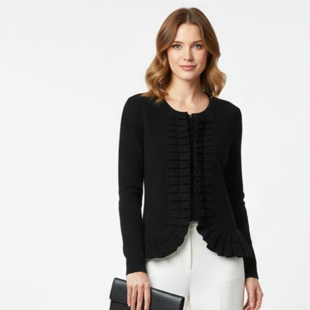 Marisa Christina Black 100% Boiled Wool Zip Up Ruffle Cardigan Sweater M